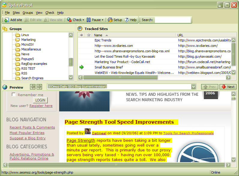 Screenshot of UpdatePatrol - A Website watcher