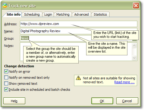 Adding a site to UpdatePatrol - entering the basic information