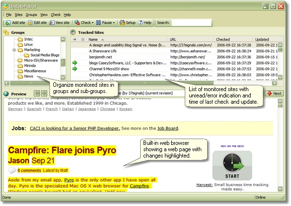 UpdatePatrol main screen showing a web pages with changes highlighted